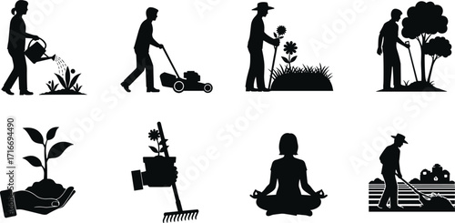 Gardening silhouettes, plant care, outdoor activity, watering plants, lawn mowing, nature icon, sustainability, farming, black graphic, vector set