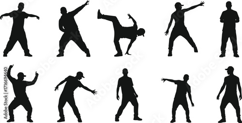 Hip hop dance silhouette, street dancer vector, breakdance clipart, urban choreography poses, freestyle movement illustration, modern dance icons, performance art