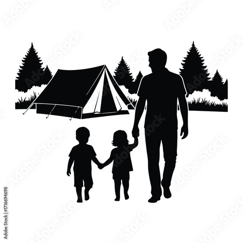 Father and children walking near tent holding hands