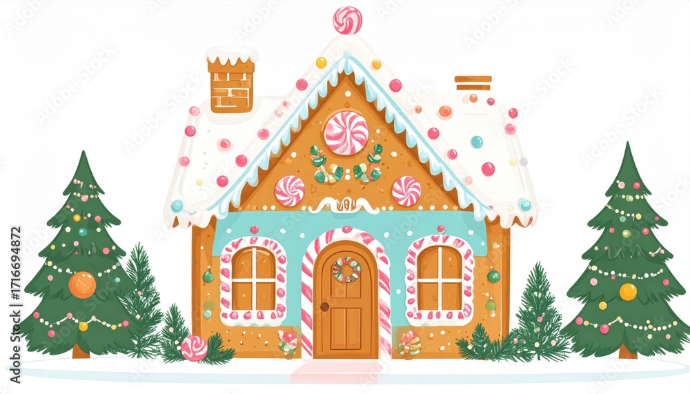 Fototapeta premium A cheerful and colorful gingerbread house decorated with candies and frosting on a snowy landscape, symbolizing Christmas, holidays, warmth, and traditional winter celebrations.