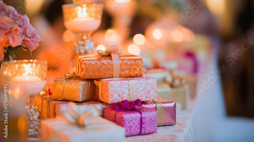 Colorful wrapped gifts stacked with