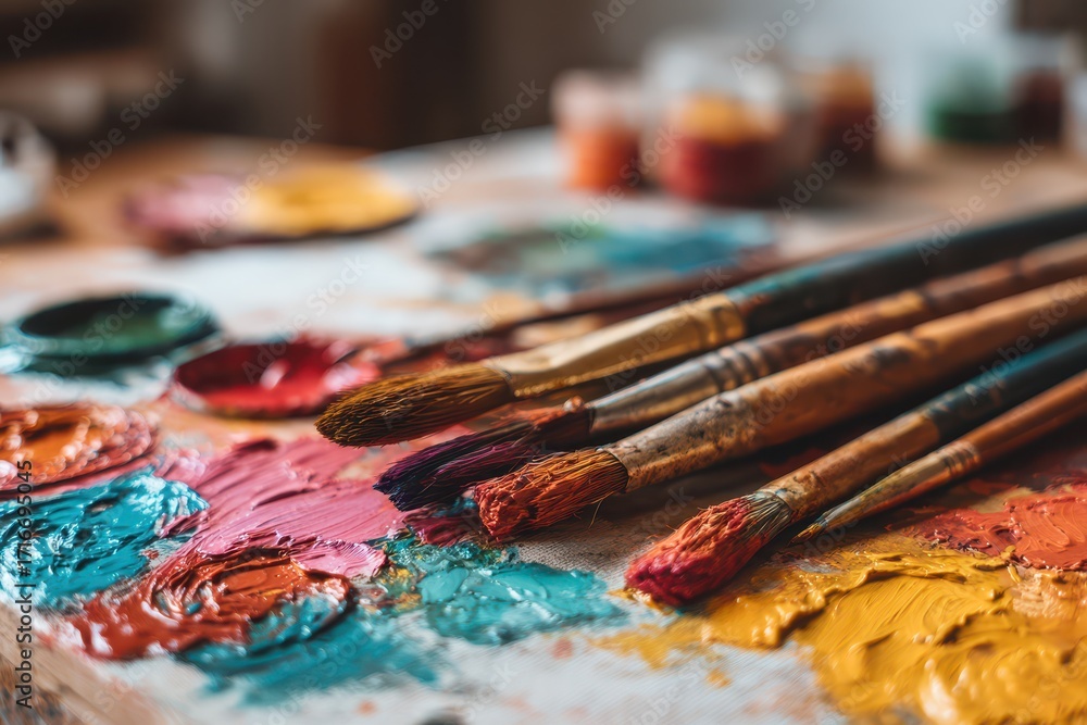 Naklejka premium A close-up view of a vibrant artist's palette with assorted colorful paints and paintbrushes, capturing the creative process and artistic tools in detail.