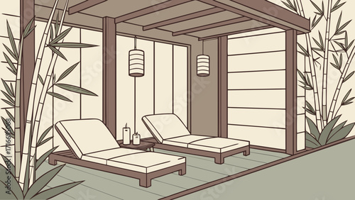 Relaxing Spa Lounge with Bamboo Plants, Scented Candles and Wooden Decor in Peaceful Vector Illustration