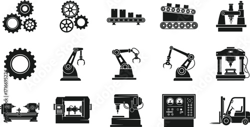 Industrial automation vector icons, robotic arm illustration, CNC machine tool, conveyor belt system, hydraulic press, forklift, factory production technology