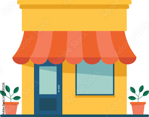 Small local shop with awning and potted plants flat icon vector illustration