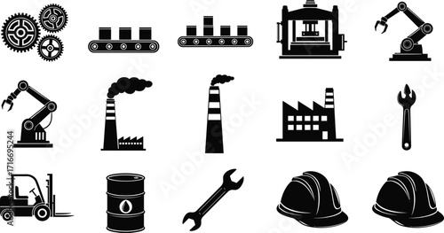 Industrial factory silhouette vector set with machines, gears, robotic arms, conveyor belts, tools, oil barrels, hard hats, and manufacturing icons