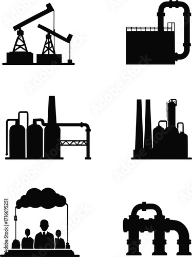 Industrial factory silhouettes, oil rigs, refinery, chemical plant, gas pipelines, manufacturing industry, industrial workers, power plant, production facility