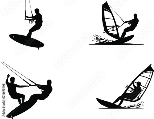 Kitesurfing and windsurfing silhouettes, water sports action, surfer riding waves, extreme sport, sea adventure, surfing vector illustration