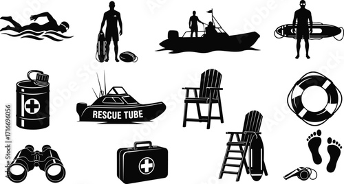 Lifeguard silhouettes, beach rescue icons, swimming safety, lifeboat illustration, rescue tube, first aid kit, life preserver, whistle, binoculars, seaside protection