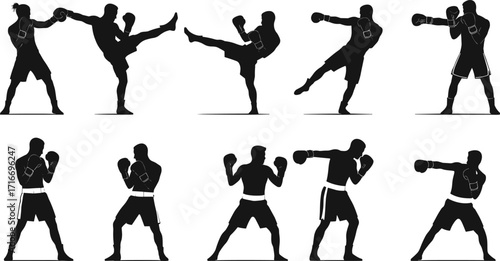 Martial arts silhouettes, boxing poses, combat stances, high kick, punch, fighter illustration, black figures, gloves, training, sports design