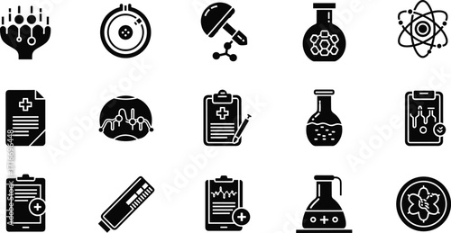 Medical science laboratory research vector icons set with test tubes, reports, molecules, chemistry flasks, healthcare, biotechnology, and analysis illustration