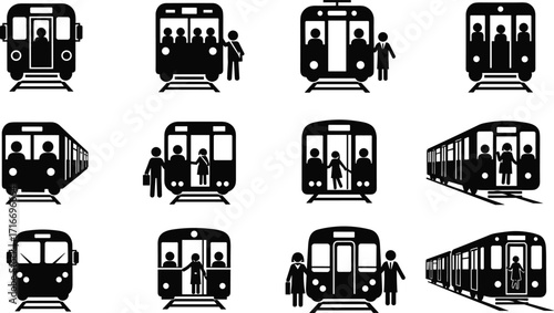 Metro train subway vector set with passengers, public transport icons, railway station, urban transit, commuter travel, and transportation illustration