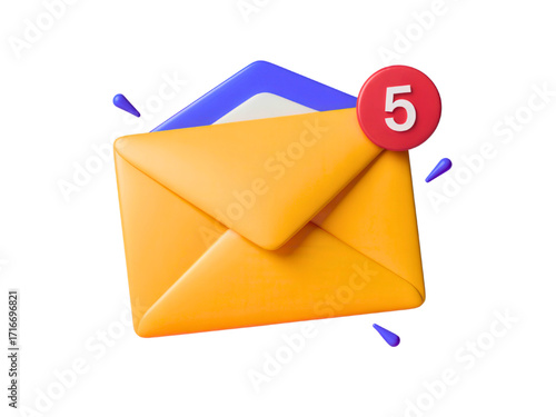 Bright yellow envelope reveals urgent notification with number five, symbolizing important messages arriving now
