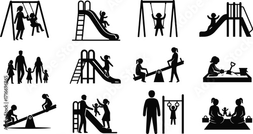 Playground children silhouettes, kids sliding, swinging, seesaw, sandbox, family outdoor fun, park activity icons, childhood playtime, parent child bonding illustration