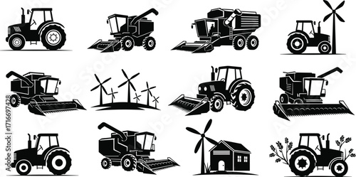 Silhouette illustration of agriculture farming machines, tractor, harvester, wind turbine, rural landscape, sustainable energy, countryside farming equipment vector