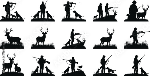 Silhouette illustration of hunters with rifles, hunting dogs, wild deer, wildlife hunting scenes, outdoor forest hunting activity vector set