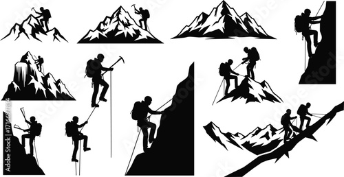Silhouette mountain climbing, adventure mountaineering, extreme sport teamwork, cliff rappelling, ice axe ascent, alpine expedition, outdoor hiking challenge, rugged peaks illustration