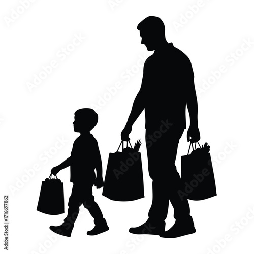 Father and son shopping bags silhouette groceries