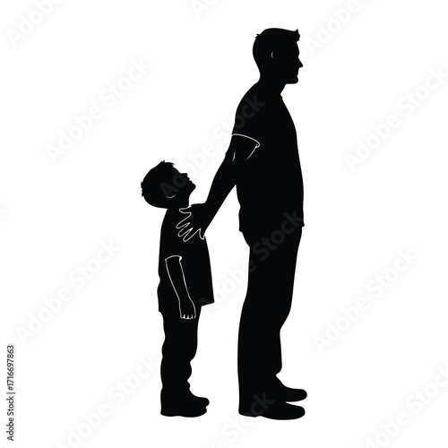 Father and son silhouettes looking up child