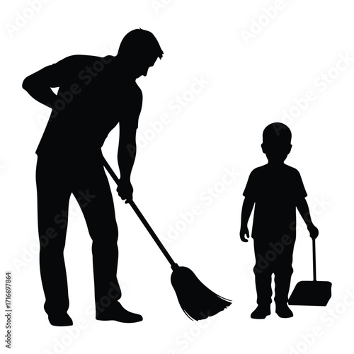 Father and son sweeping broom dustpan