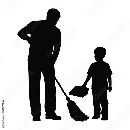 Father and son sweeping together child adult