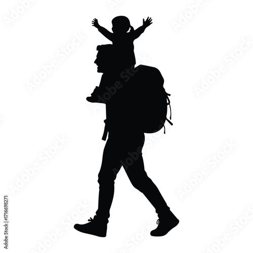 Father carrying child on shoulders with backpack vector