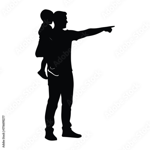 Father carrying child pointing piggyback