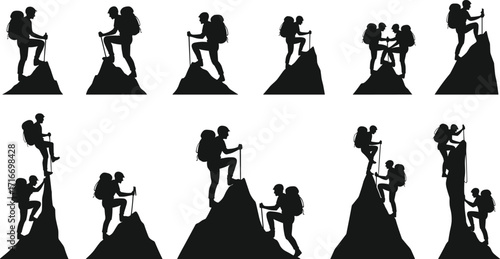 Silhouettes of hikers and climbers on mountain peaks, teamwork, adventure, perseverance, outdoor exploration, mountaineering, hiking, climbing, success, achievement