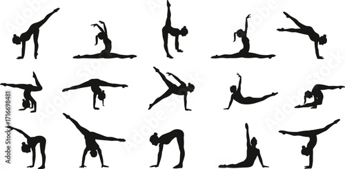 Silhouettes of person performing various gymnastics and yoga poses, showcasing flexibility, balance, and strength, isolated on white background