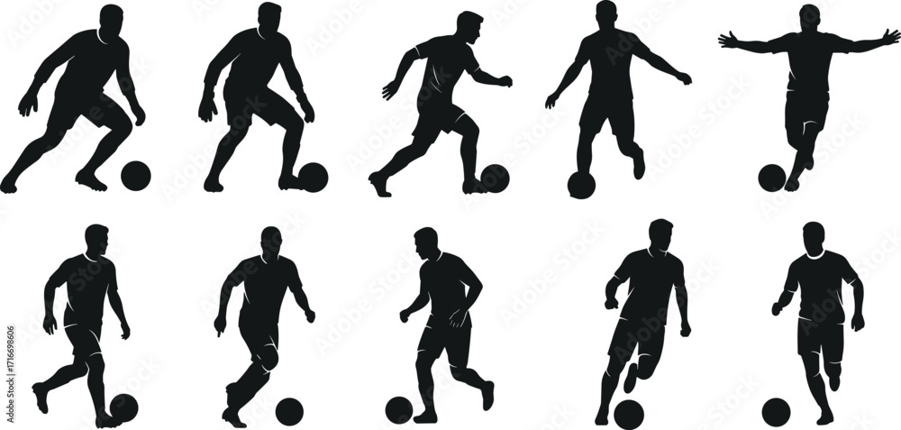 Naklejka premium Soccer silhouette collection, player kicking, dribbling, running, football poses, black vector icons, dynamic motion, athletic sports design elements