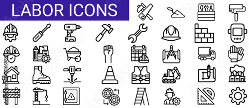 Labor Web Icon Set in Line Style. Collection of Construction Linear Icons, Including labour day, renovation, repair, work tools, materials, workers, building, business and more. Editable Stroke