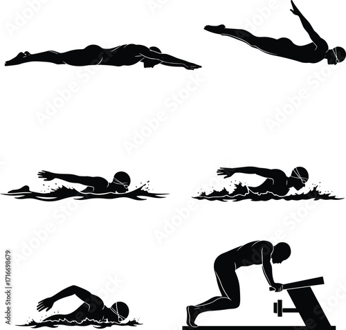 Swimmer silhouette, swimming styles, dive start, freestyle, butterfly, backstroke, athlete swimmer, goggles, swimming pool, sports training