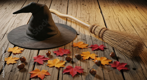 Witch hat and broomstick on rustic wooden table with autumn leaves and acorns