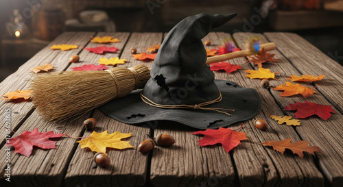 Witch hat and broomstick on rustic wooden table with autumn leaves and acorns