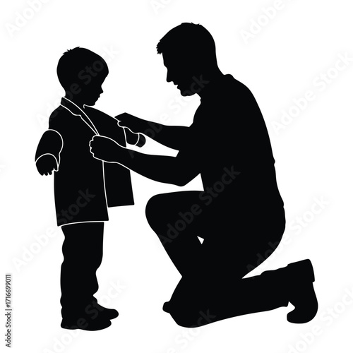 Father dressing son in jacket clothing