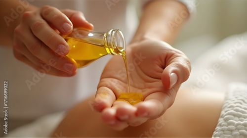 A close-up shot of a person pouring golden massage oil from a small glass bottle into the open palm of another person's hand, likely for a spa treatment or aromatherapy session.