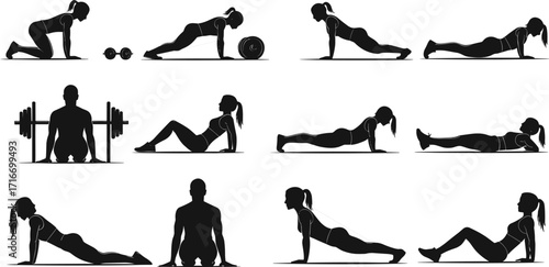 Workout silhouettes, exercise poses, fitness vector, yoga positions, strength training, core workout, stretching, plank, push-up, black graphic