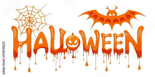 spooky halloween greeting with dripping orange text bats spider and web on isolated background festive and scary holiday design