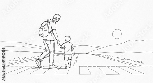 Father and Son Crossing Road Line Art - Family Hiking Sketch with Travel Safety Illustration