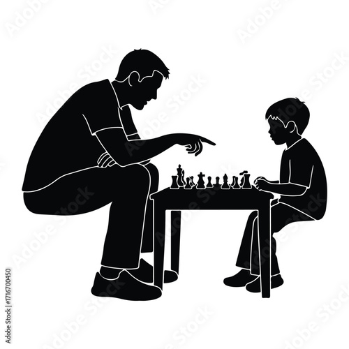 Father teaching son chess board game