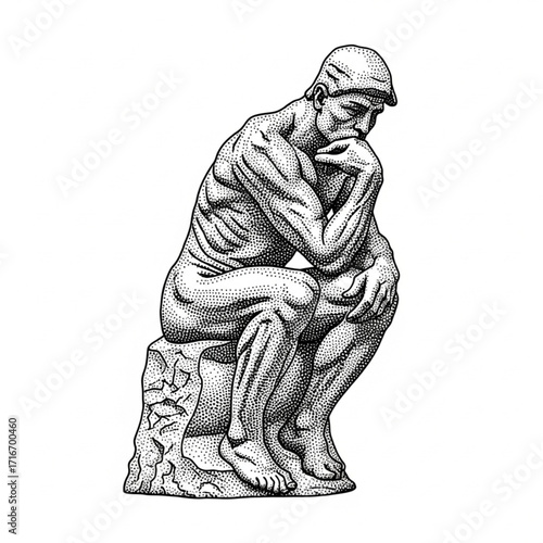 Rodin’s Thinker Statue in Vintage Stipple Engraving Style on Transparent Background