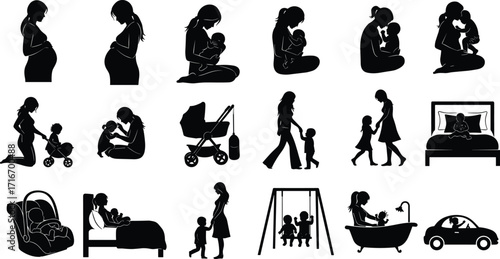 Motherhood silhouette set, pregnancy to parenting, family life stages, mother and child scenes, vector illustration, black and white icons, parenting journey,