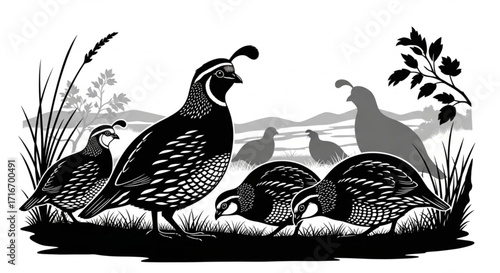 Silhouette of Quail Birds - Wildlife Bird Illustration and Game Bird Design
