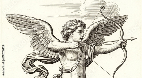 Classical Engraving Sketch of Cupid Angel with Wings Drawing Bow and Arrow