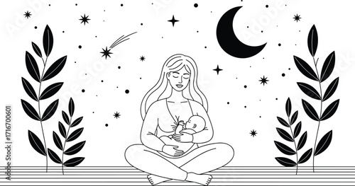 Mother breastfeeding baby under moon and stars, peaceful night scene, maternal love, nurturing care, vector illustration, black and white design, family bond, motherhood moment