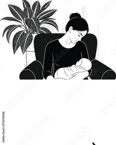 Mother breastfeeding baby in armchair, peaceful home moment, maternal care, nurturing parenting, black and white vector illustration, family bond, love, comfort