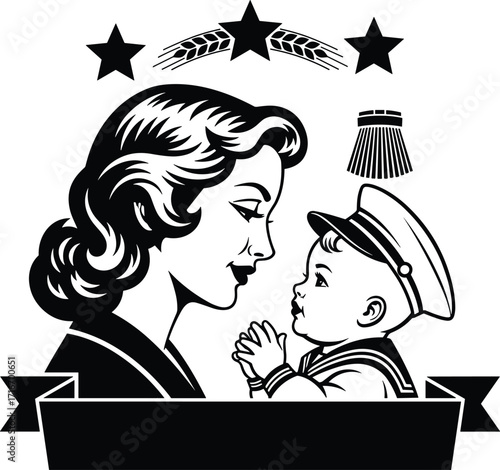 Mother and child silhouette, vintage style, military baby, patriotic symbol, family bond, motherhood, retro illustration, American heritage, love,  vector art,black and white, emotional connection,