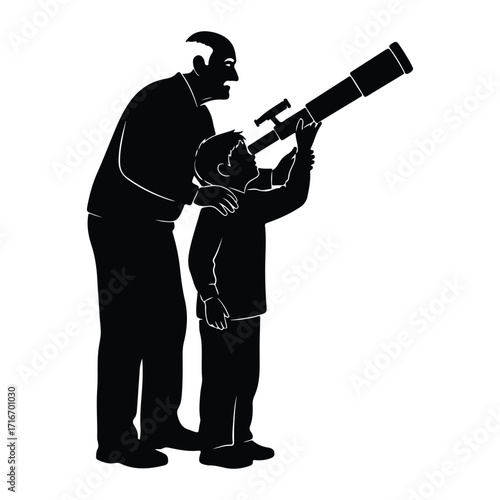Grandfather and grandson observing through telescope