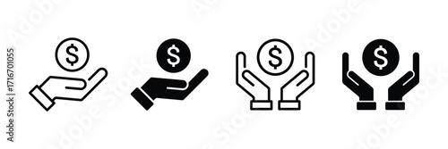 Hand holding a coin with a dollar sign symbol. Money in hand icons set. Save money sign. Cash, loan, coin, dollar, saving, budget, earning money, revenue symbol.