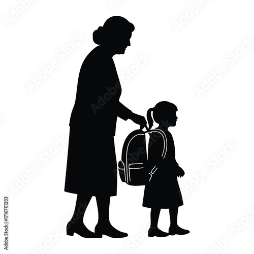 Grandmother and child with backpack girl school